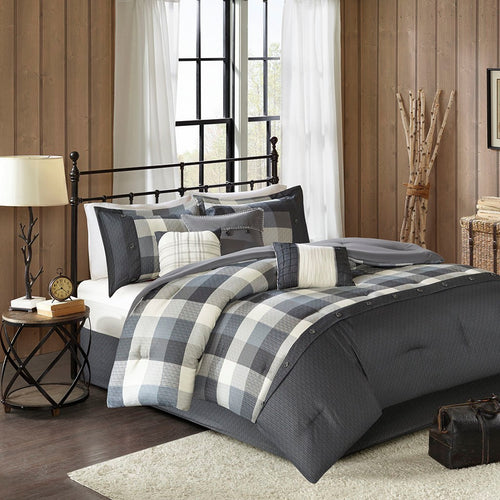 Queen Comforter Set, 7-Piece Herringbone Buffalo Plaid Bedding with Bed Skirt, Grey