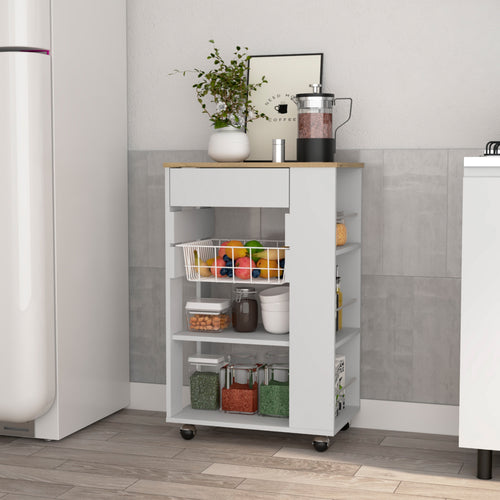 Rolling Kitchen Cart with Drawer, 2 Open Shelves and 4 Casters, White and Light Oak