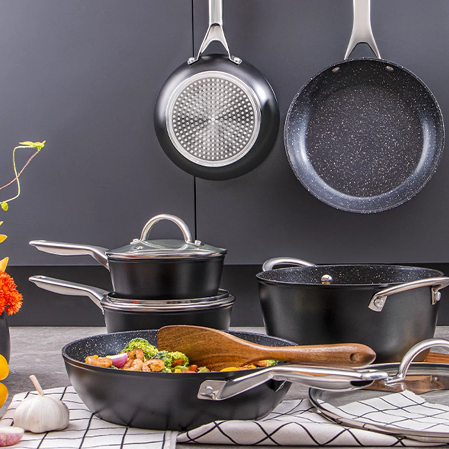 HITECLIFE Nonstick Induction Cookware Set, Dishwasher Safe, Pots and Pans Set for All Stoves, 10-Piece, Black