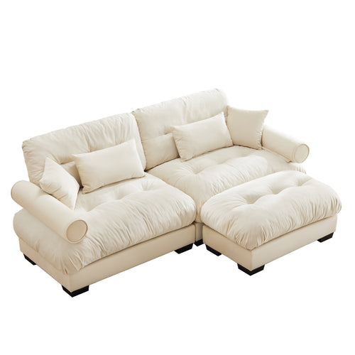 Oversized Velvet Loveseat with Ottoman and Bolster Armrests, 2-Seat Cream