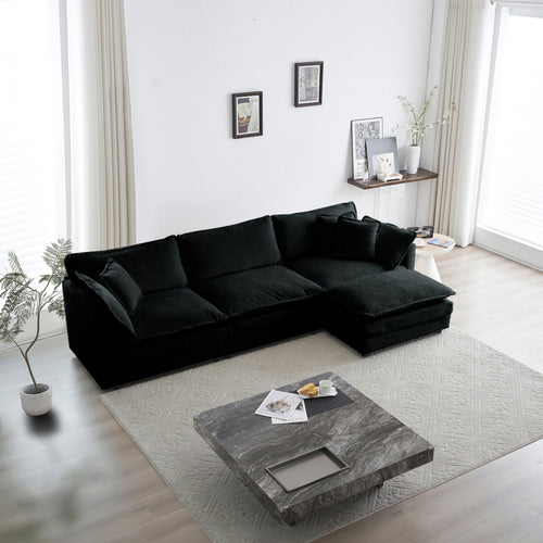 Oversized L-Shaped Modular Sectional Sofa with Reversible Ottoman, Black Chenille
