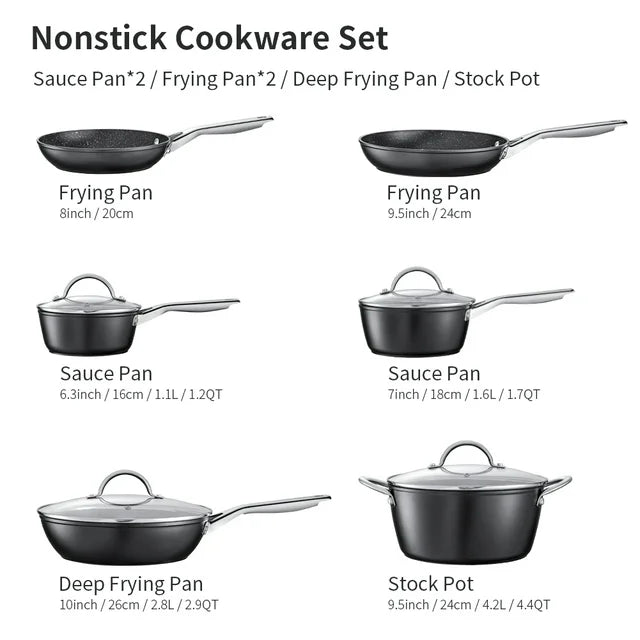 HITECLIFE Nonstick Induction Cookware Set, Dishwasher Safe, Pots and Pans Set for All Stoves, 10-Piece, Black