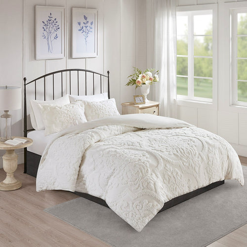 Tufted Cotton Chenille Damask Duvet Cover Set with 2 Shams, King/Cal King, Off-White