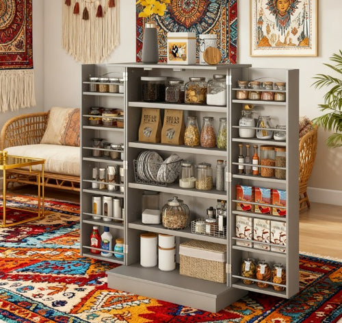 Kitchen Pantry Cabinet with Double Doors, Door Shelves and 5-Tier Adjustable Storage, Grey