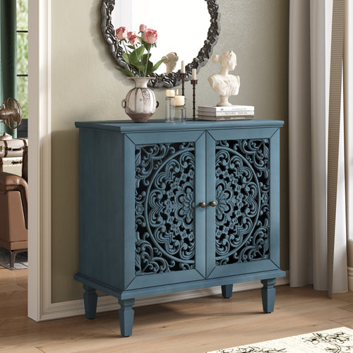 Vintage Accent Cabinet with Carved Floral Doors and Solid Wood Legs, 31.5" Storage Cabinet, Antique Blue