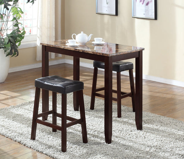 Counter Height Breakfast Table Set with 2 Stools, 3-Piece Faux Marble Print, Espresso