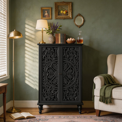 Farmhouse Accent Cabinet with Carved Hollow Doors and Turned Legs, 47" Tall Display Cabinet, Black