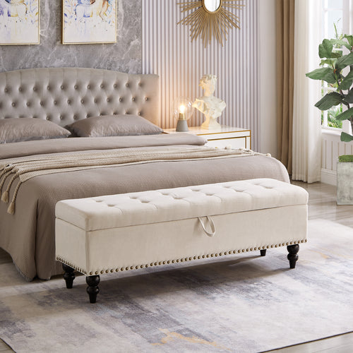 Storage Bench Ottoman for End of Bed, 59" Upholstered Entryway Bench, Beige Linen