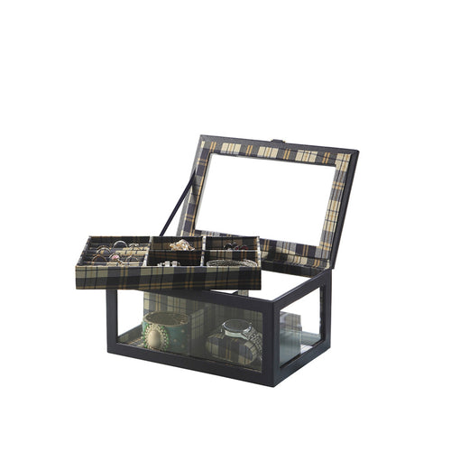 2-Tier Jewelry Case with Glass Lid, Multiple Slots and Removable Watch Cushions, Black