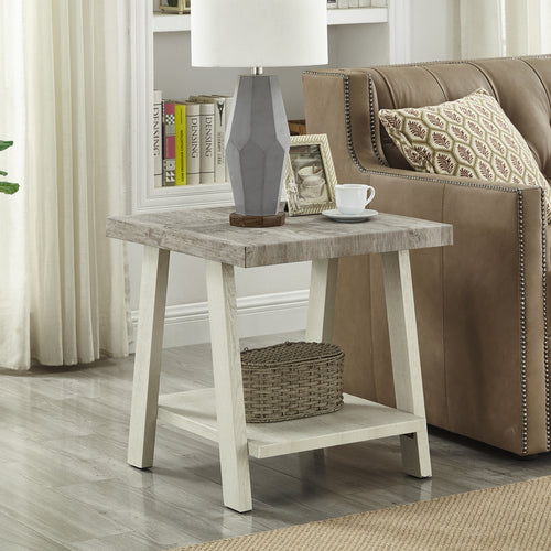 End Table with Lower Shelf and Splayed Legs, 24" Two-Tone Wood, Weathered Gray and Beige