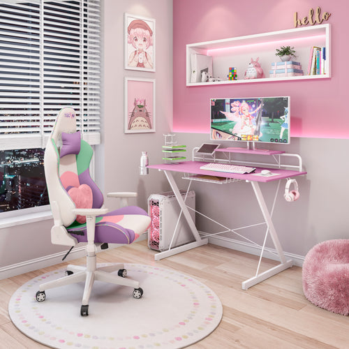 Gaming Desk with Shelving, Cup Holder and Carbon Fiber Top, 47" Pink