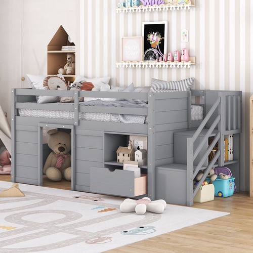 Twin Low Loft Bed with Stairs, Rolling Drawer and Open Shelf, Pine Wood Frame, Gray