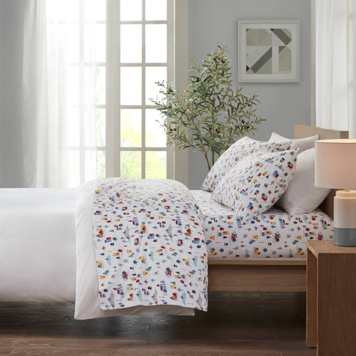 Cotton Flannel Sheet Set with White Village Print, Queen, 4-Piece