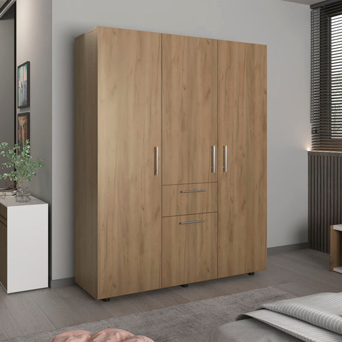 4-Door Armoire Wardrobe with Drawer, 3 Hanging Rods and 7 Shelves - 70" Tall Natural Oak
