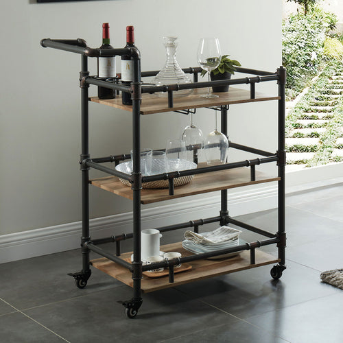 3-Tier Serving Cart with Wheels, Industrial Pipe Metal Frame, Natural Oak and Black