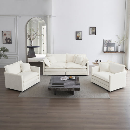 Chenille Sofa Set with 2 Armchairs and Loveseat, 3-Piece Living Room Set with Toss Pillows, White