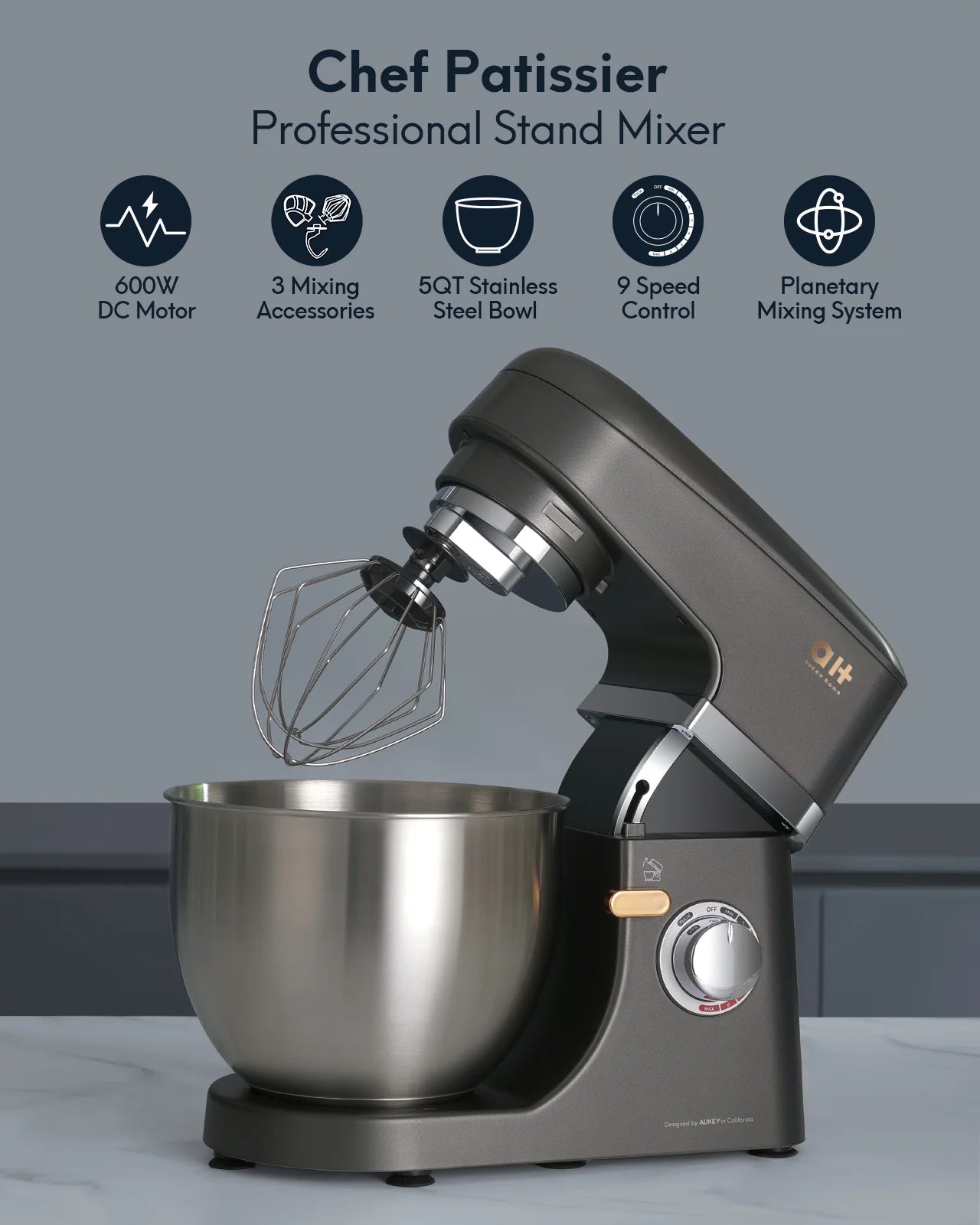 Aukey Home 600W Stand Mixer 9 Speed Tilt-Head with 5Qt Stainless Steel Bowl, Planetary Mixing System, Dough Hook, Flat Beater, Whisk, Splash Guard, Dishwasher Safe, Grey