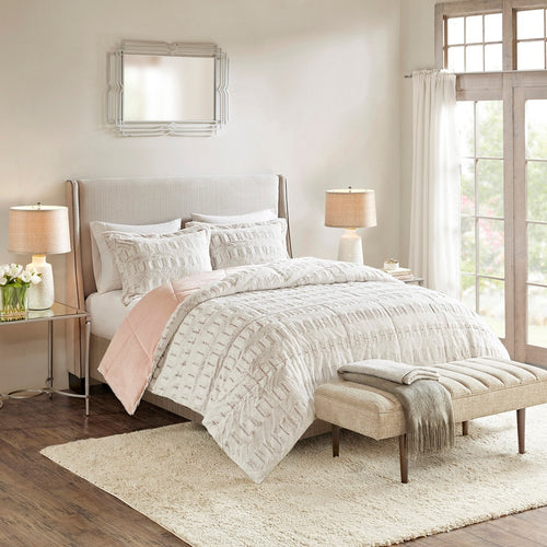 Faux Fur Comforter Mini Set, Brushed Long Fur with Back Print and Shams, King/Cal King, White