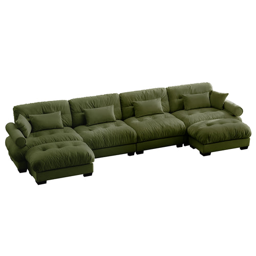 U-Shaped Sectional Cloud Sofa with Movable Ottomans and Bolster Armrests, 4-Seat Olive Green Velvet