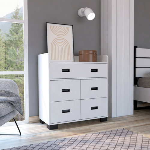 5-Drawer Dresser with Double Drawer and Metal Rails, 33.5" Wide Bedroom Dresser, White