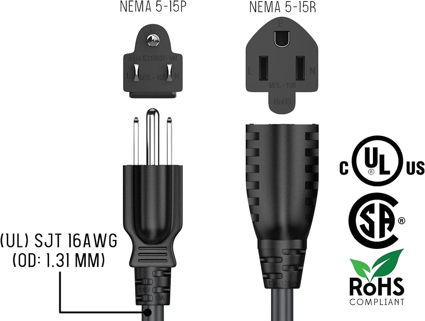 Simbr 2 英尺 14 AWG 3 插腳插座保護電源延長線 NEMA 5-15P - 2 件裝