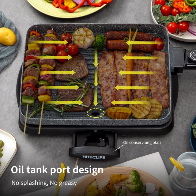 Electric Grill Indoor 1500W Korean BBQ Barbecue Granite Stone Nonstick Detachable Flat Tabletop Smart 5-Heat Plate PFOA-Free Family Size Compact 14 Inch Gray