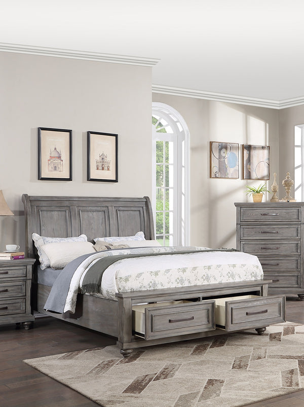 Vintage Queen Sleigh Bed with Under-Bed Storage Drawers, Antique Gray Oak Finish