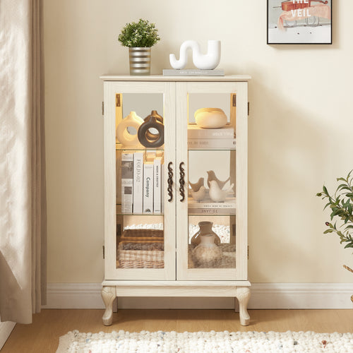 Lighted Curio Cabinet with Tempered Glass Doors and Mirrored Back, 44" Display Cabinet, White