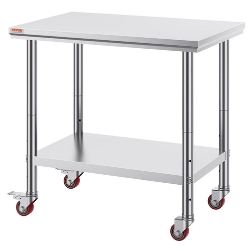 Stainless Steel Work Table with 4 Wheels, 36" x 24" Commercial Kitchen Prep Table