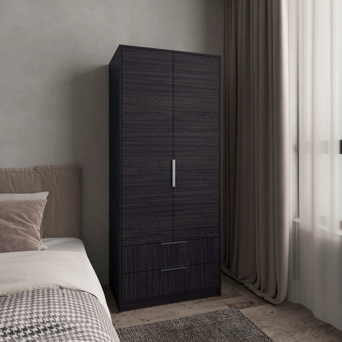 Wardrobe Armoire with Double Doors, 2 Drawers and Hanging Rod - 74" Tall Black