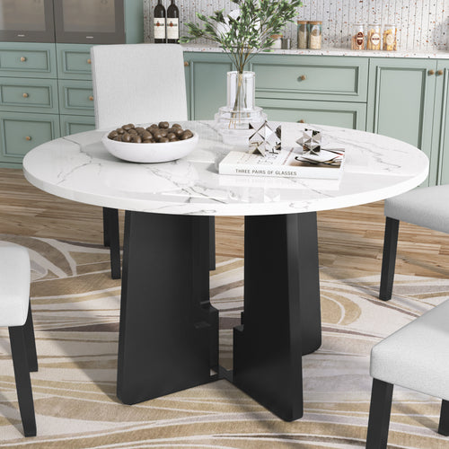 Round Faux Marble Dining Table, 43" Mid-Century Modern Kitchen Table for 4, White