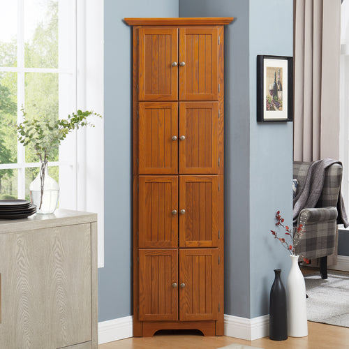 72" Corner Pantry Cabinet with 8 Doors and 4 Shelves, Tall Kitchen Storage Cabinet, Oak