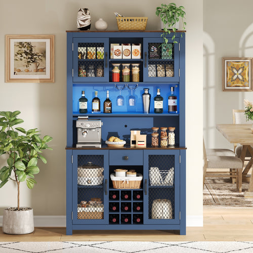 Kitchen Pantry Cabinet with LED Light, Power Outlets and Wine Rack, 71" Tall Navy Blue