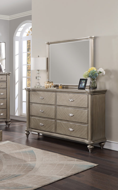 6-Drawer Dresser with Mirror and Round Legs, Bedroom Dresser Set, Antique Silver and Champagne