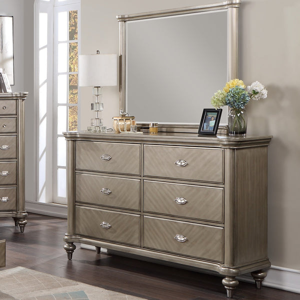 Luxury Antique Silver / Champagne Finish Dresser w Mirror Storage Space Drawers Bedroom Furniture