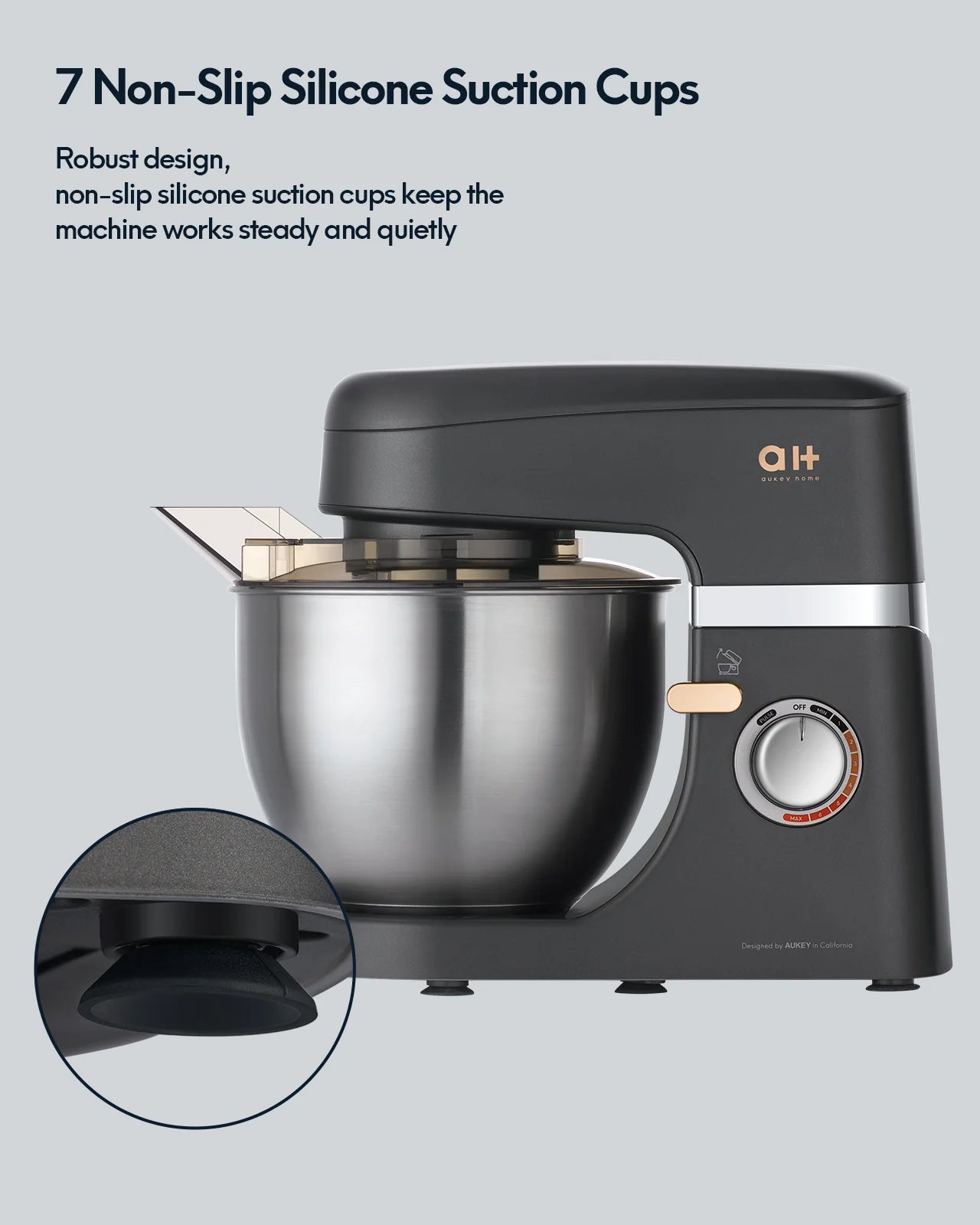 Aukey Home 600W Stand Mixer 9 Speed Tilt-Head with 5Qt Stainless Steel Bowl, Planetary Mixing System, Dough Hook, Flat Beater, Whisk, Splash Guard, Dishwasher Safe, Grey