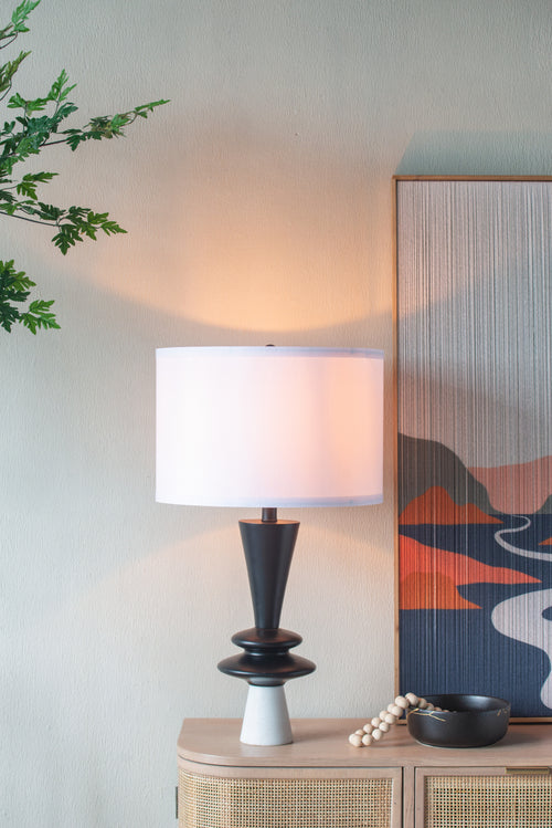 Aluminum Table Lamp with Two Disc Accents and Marble Base, 26.7" Black and White