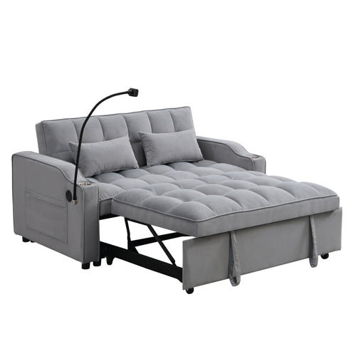 Velvet Futon Loveseat with Pull-Out Bed, Adjustable Backrest and Toss Pillows, Full, Light Gray