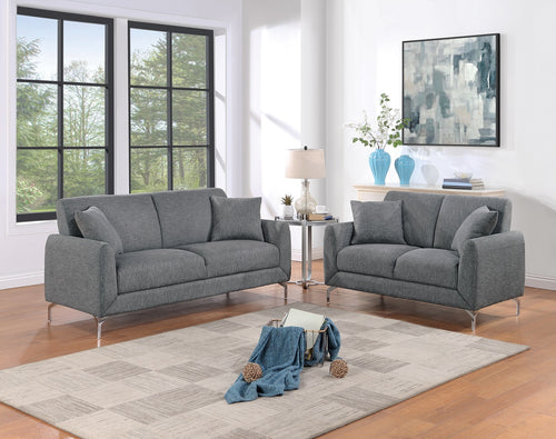 Sofa and Loveseat Set with Pillows and Metal Legs, 2-Piece Dark Gray Burlap-Like Fabric