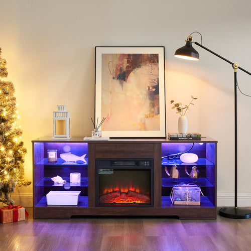 Electric Fireplace TV Stand with LED Lights and Glass Shelves, 58" Media Console with USB Charging, Espresso