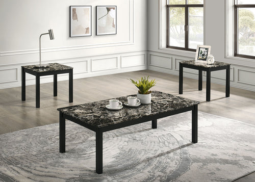 Coffee Table Set with 2 End Tables, 3-Piece Faux Marble Top with Wood Legs, Black and White