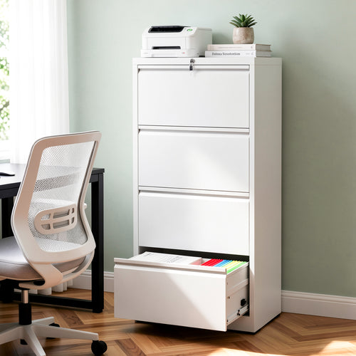 4-Drawer Lateral File Cabinet with Lock, Steel Filing Cabinet for Letter and Legal Files, White