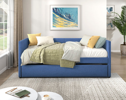 Daybed with Trundle, Modern Upholstered Daybed with Wooden Frame, Blue Fabric