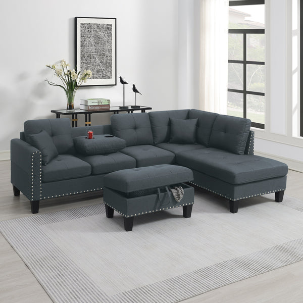 Charcoal Linen-Like Fabric 3-Piece Sectional Sofa Set | LAF Sofa, RAF Chaise & Storage Ottoman with Cup Holder