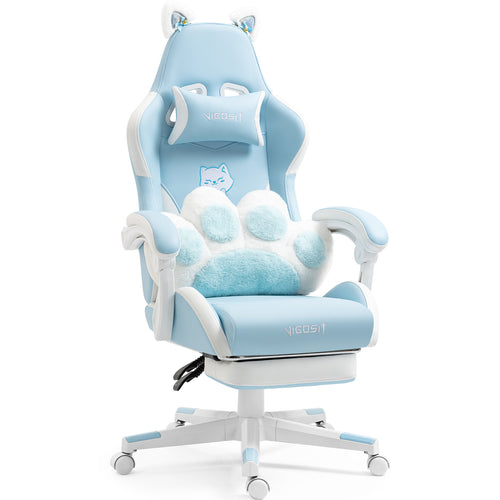 Cute Cat Gaming Chair with Paw Cushion and Adjustable Height for Girls, Blue