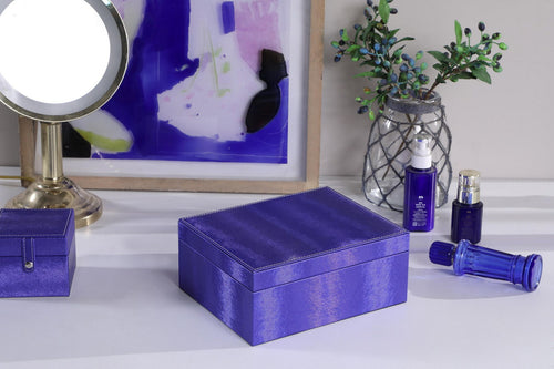Jewelry Case with Mirror, Ring Holder and Hidden Compartment, 9.8" Long, Azure Blue Leatherette