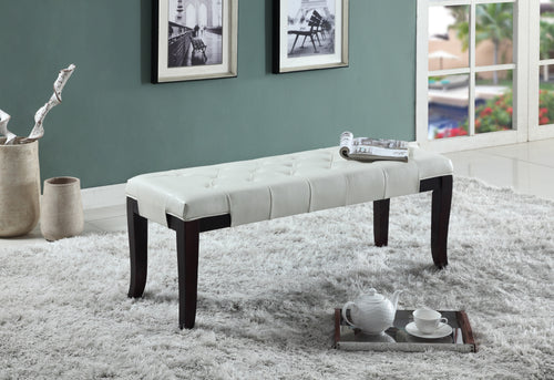 Button Tufted Ottoman Bench with Tapered Espresso Legs, 44" White Faux Leather