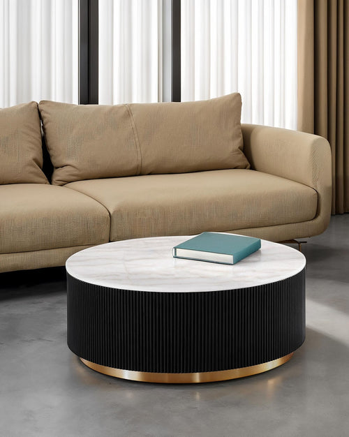 Round Marble Coffee Table with Gold Accent Plinth Base, 35" Cocktail Table, Black and White