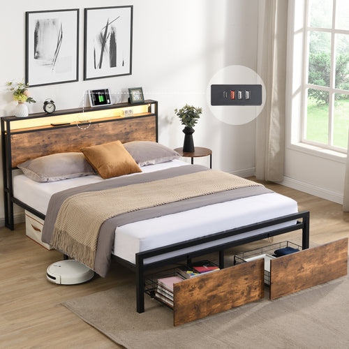 Full LED Platform Bed with Underbed Storage and USB Charging, Black and Brown