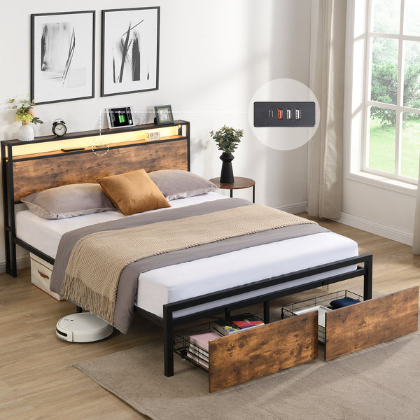 Full Black & Brown LED Storage Platform Bed